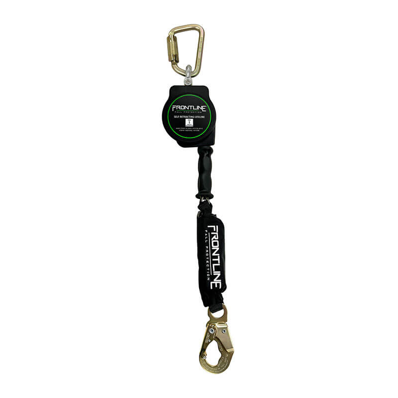 The Frontline Cable 10' SRL by Frontline Fall Protection features a black casing, carabiner top hook, galvanized cable with shock absorber, and steel snap hook end for reliable fall protection safety.