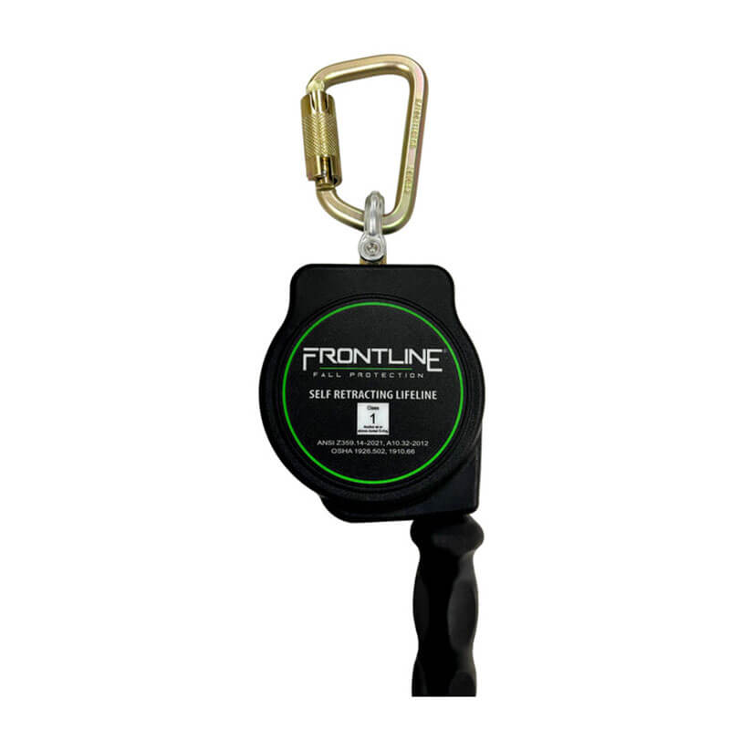 A Frontline Fall Protection Cable 10' SRL with steel snap hook end and absorber, featuring a galvanized cable and black self-retracting case, is shown against a white background.