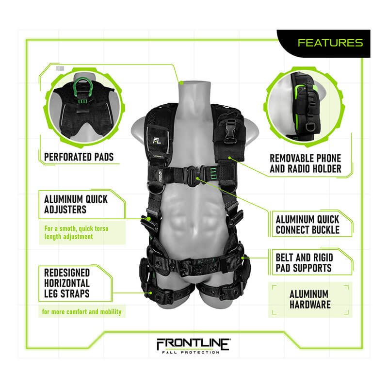 The Frontline Elite Harness Aluminum HW & Trauma Straps by Frontline Fall Protection features perforated pads, aluminum quick adjusters/hardware, redesigned leg straps, a removable phone/radio holder, rigid belt pads, and trauma straps.