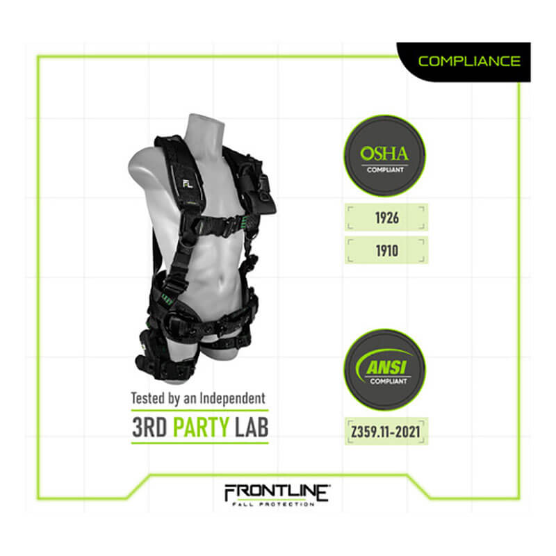 The Frontline Elite Harness Aluminum HW & Trauma Straps by Frontline Fall Protection, shown on a gray mannequin torso, features aluminum hardware, suspension trauma straps, OSHA and ANSI compliance badges, and 3rd party lab tested labeling.