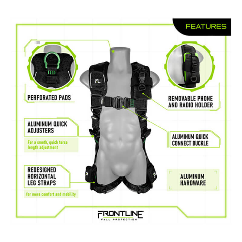 The Frontline Fall Protection Frontline Elite Vest Harness Aluminum HW & Trauma Straps is shown on a torso mannequin, featuring perforated pads, aluminum hardware, new leg straps, removable holder, easy chest buckle, and trauma straps.