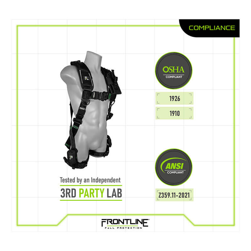 The Frontline Elite Vest Harness Aluminum HW & Trauma Straps by Frontline Fall Protection is shown on a mannequin, labeled as OSHA (1926, 1910) and ANSI (Z359.11-2021) compliant with independent third-party lab testing.