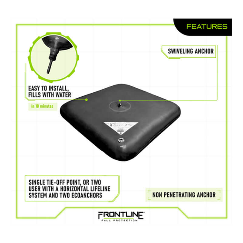 The Frontline EcoAnchor Counterweight Fall Arrest Anchor System by Frontline Fall Protection is a square, black, non-penetrating anchor with a central swiveling tie-off point for one or two users; fills with water in 10 minutes and is easy to install.