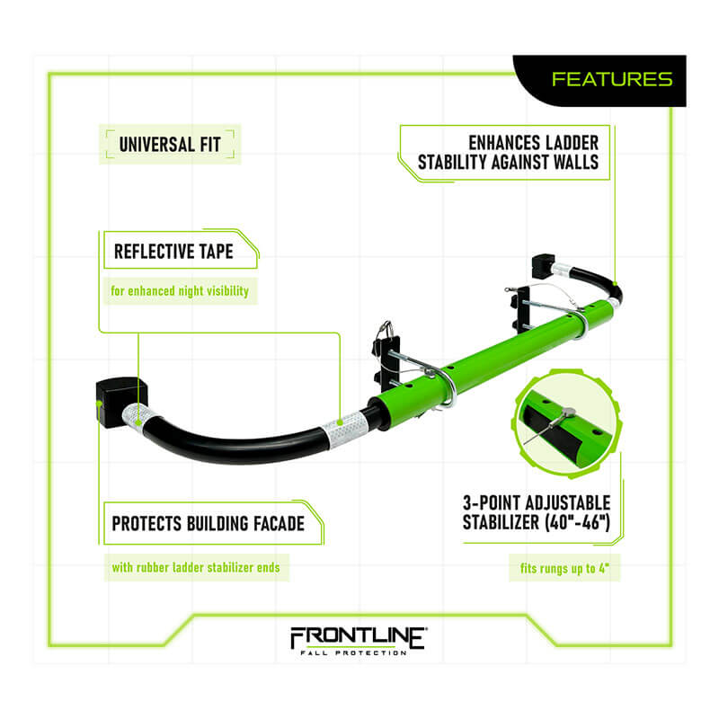 Frontline Universal Ladder Stabilizer LAS48 by Frontline Fall Protection features reflective tape, rubber ends for facade protection, a 3-point adjustable design (40"-46"), and fits up to 4" for enhanced ladder stability and safety.