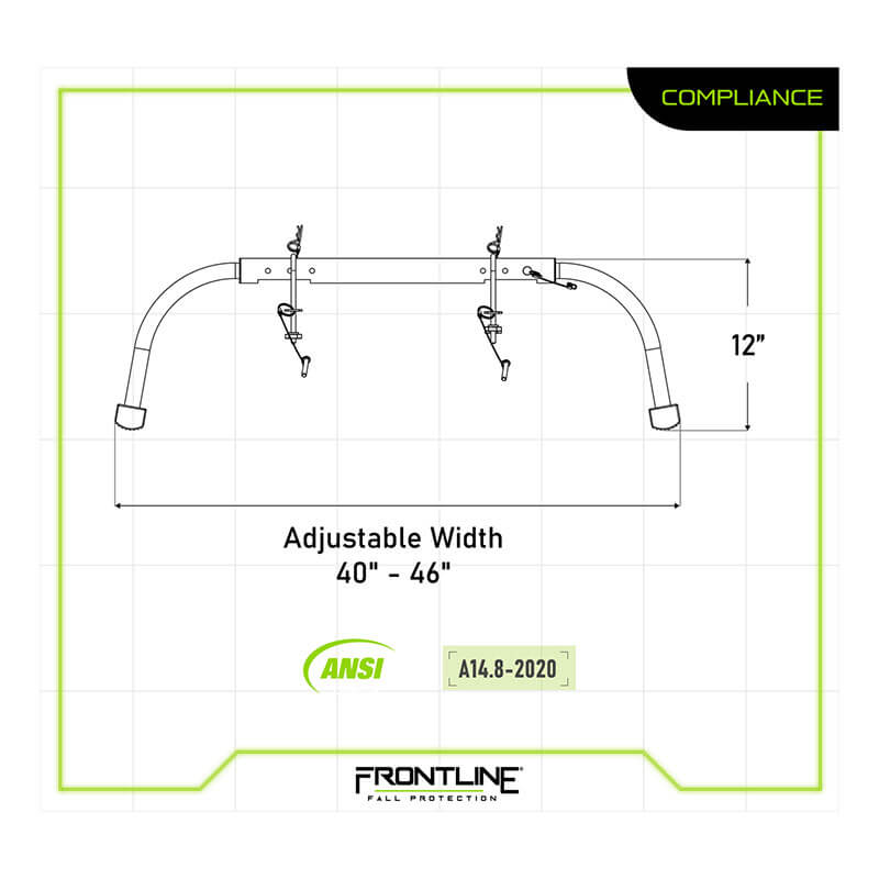 Technical drawing of the Frontline Universal Ladder Stabilizer LAS48 by Frontline Fall Protection, featuring adjustable width (40–46 in), 12-in height, and ANSI A14.8-2020 compliance for safety. Brand logo displayed at the bottom.