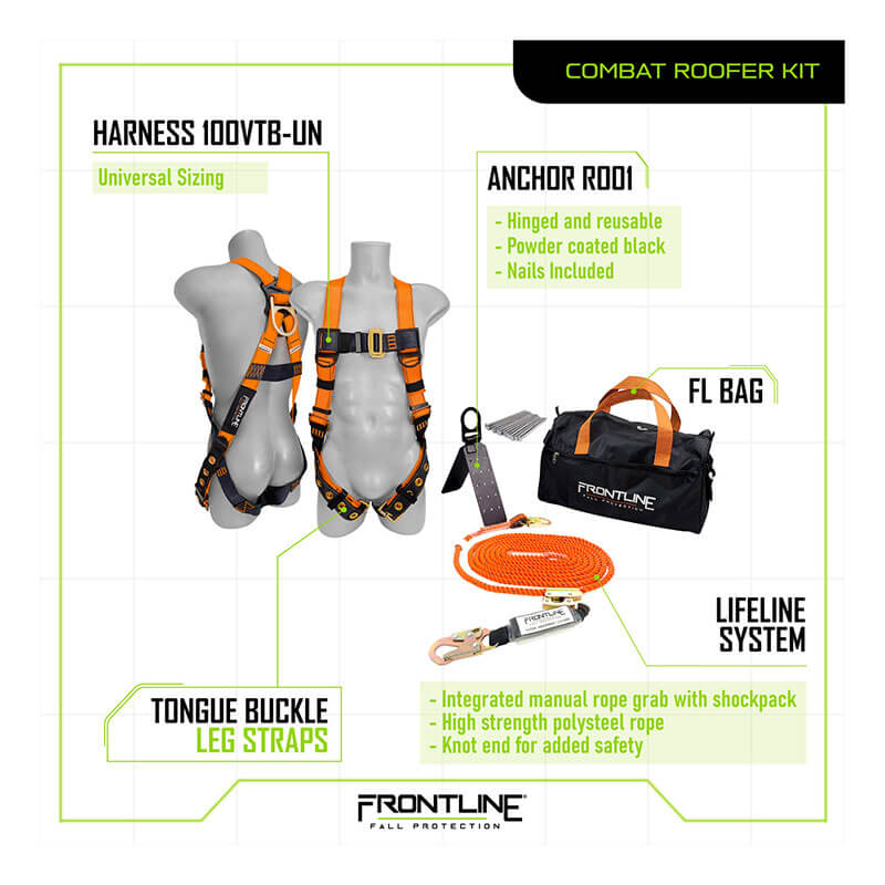 The Frontline Combat Complete Roofers Kit by Frontline Fall Protection is shown with two orange/gray safety harnesses, a roof anchor, black tool bag, and orange lifeline system with rope and carabiner on a white background with labels.
