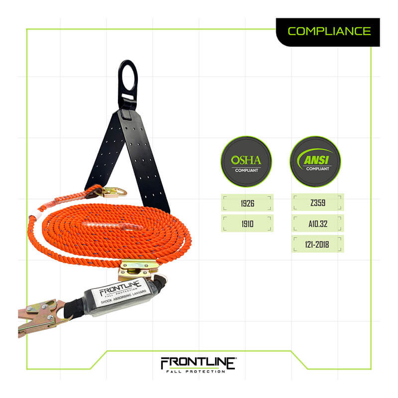 The Frontline Combat Complete Roofers Kit by Frontline Fall Protection features an orange safety lanyard with hooks, a black strap, and is perfect for use with a safety harness. OSHA and ANSI compliant; shown on a white background.