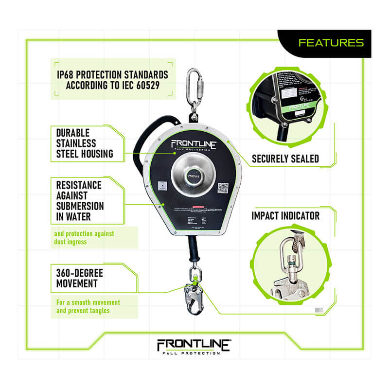 The Frontline Fall Protection RSBC Sealed Block Stainless Steel SRL offers IP68 protection, a sealed housing, water submersion resistance, impact indicator, and 360° movement—perfect for demanding oil and gas industry applications.