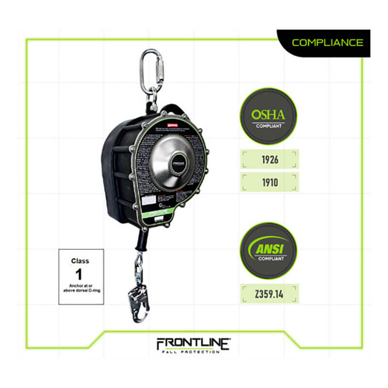 The Frontline RSBC Sealed Block Stainless Steel SRL by Frontline Fall Protection is shown in black with metal hooks, ideal for oil and gas. OSHA 1926/1910 and ANSI Z359.14 compliant. "Frontline Fall Protection" logo is visible below.