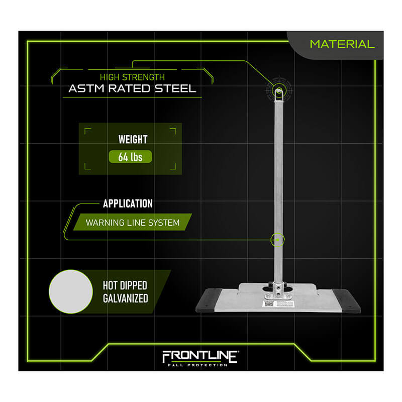 The Frontline Fall Protection Frontline Warning Line System with Base and Handle is shown on a black background with green highlights. Weighing 64 lbs, it features hot dip galvanized steel, making it ideal for warning lines around fall hazards.