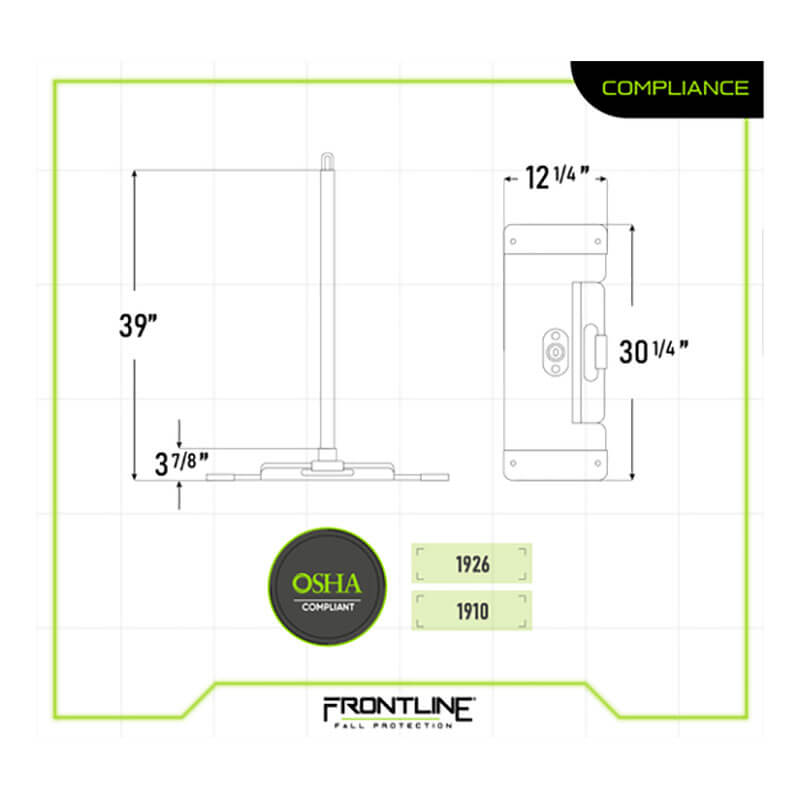 Technical diagram of the Frontline Fall Protection Frontline Warning Line System with Base and Handle: hot dip galvanized steel, height 39", base 30 1/4" x 12 1/4", OSHA compliant (standards 1926 & 1910).