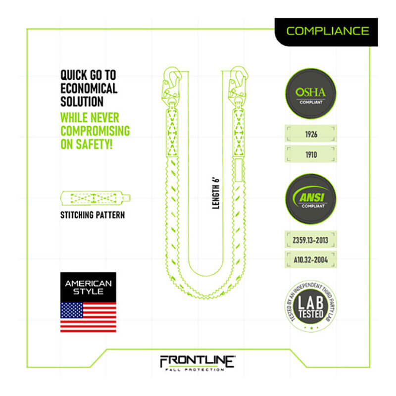 Diagram of the Frontline Combat 6' Single Leg Snaphook Lanyard w/Shock Absorber by Frontline Fall Protection, showing OSHA/ANSI compliance, “American Style” flag, “Lab Tested” badge, detailed stitching, and text noting reliable and economical fall safety.