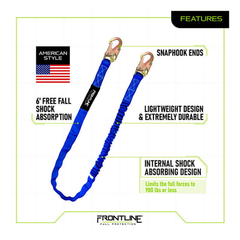 The Frontline Fall Protection Combat 6' Single Leg Snaphook Lanyard with Shock Absorber offers lightweight durability, 6' free fall protection, and limits fall forces to 900 lbs or less.
