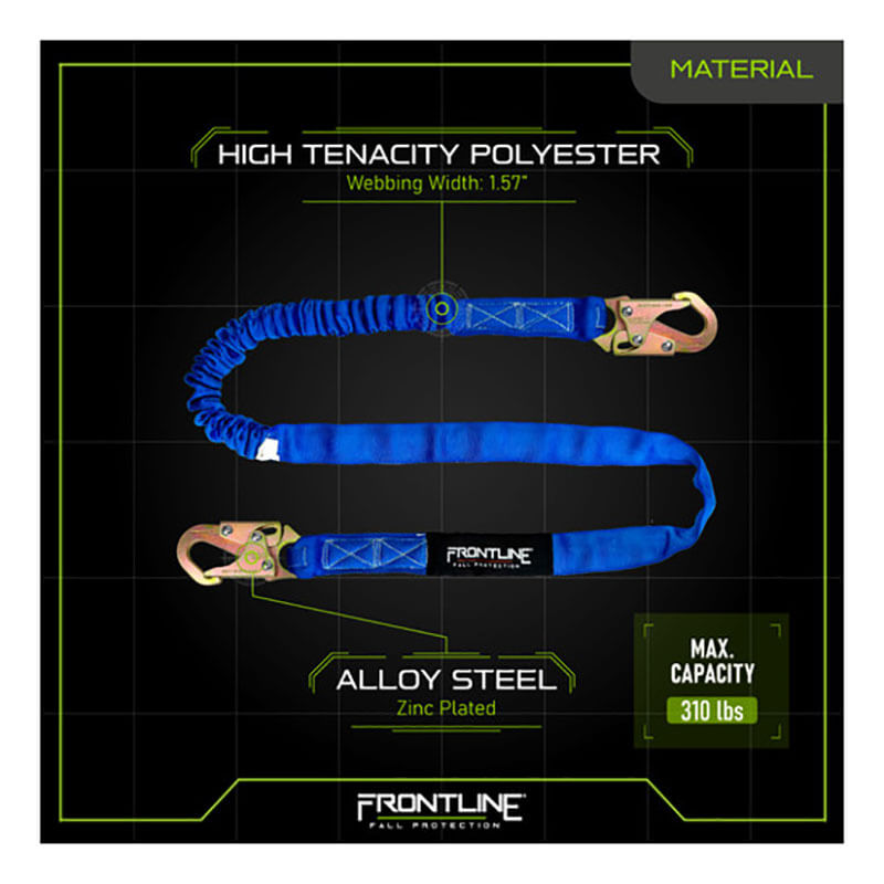 The Frontline Fall Protection Combat 6' Single Leg Snaphook Lanyard with Shock Absorber, made of high tenacity polyester, 1.57" webbing, alloy steel snaphooks, zinc plating, and a max capacity of 310 lbs is shown.