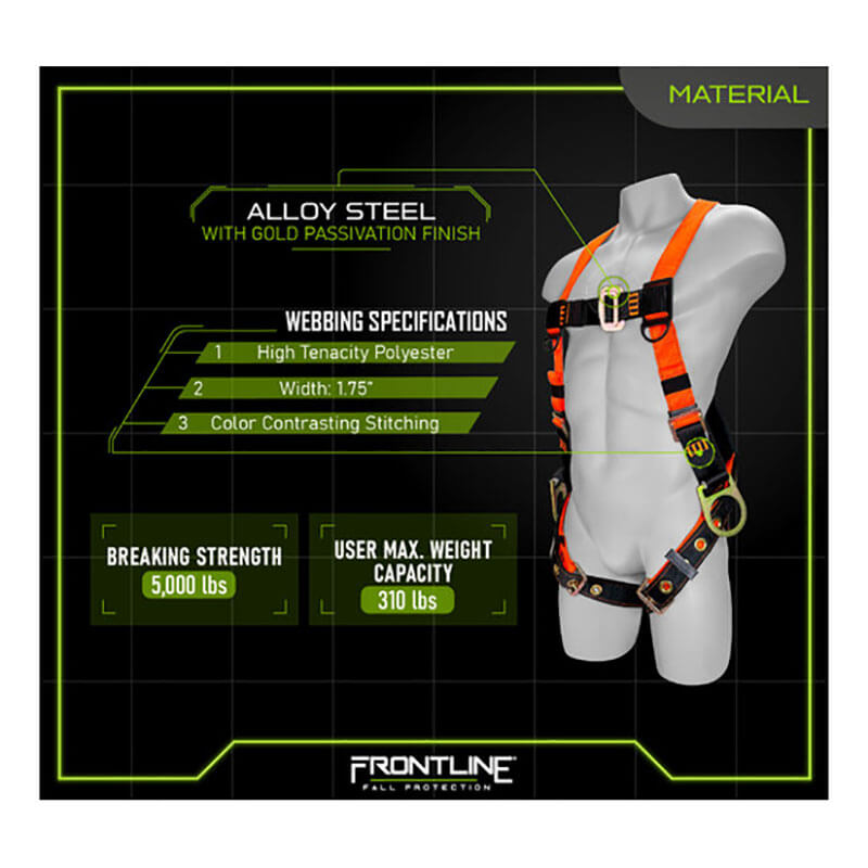 A mannequin displays the Frontline Fall Protection Combat Economy Harness w/Tongue Buckle Legs, 3 D-Rings, featuring alloy steel with gold finish, polyester webbing, 5,000 lbs breaking strength, and 310 lbs user max capacity.