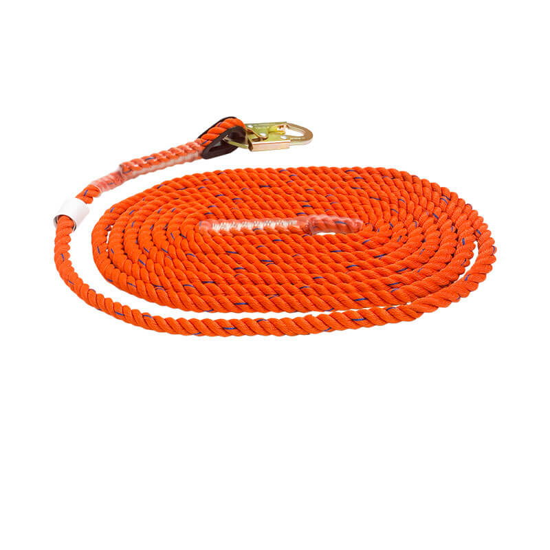 The Frontline Premium Vertical Lifeline VLP by Frontline Fall Protection is an orange twisted rope lanyard with a metal clasp, coiled on a white background—ideal for roofing and use as a vertical lifeline.