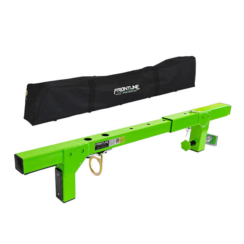 A green, corrosion resistant Frontline Window/Door Jamb 50" Non-Penetrating Anchor by Frontline Fall Protection with hooks and labels is shown next to a black carrying case labeled "FRONTLINE," designed for lifting and material handling.