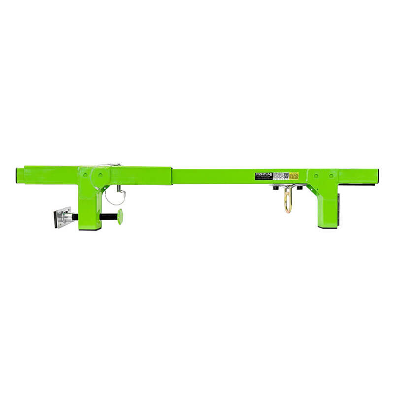 The Frontline Fall Protection Window/Door Jamb 50" Non-Penetrating Anchor is a durable, corrosion-resistant beam with dual hooks and attachment points for use with lifting equipment in industrial or construction environments, shown on a plain white background.