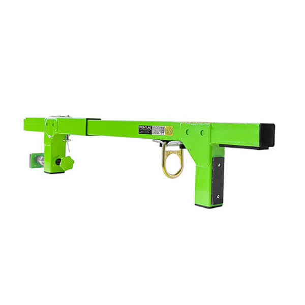 The Frontline Window/Door Jamb 50" Non-Penetrating Anchor by Frontline Fall Protection is a bright green, corrosion-resistant steel beam with mounting brackets, adjustable arms, and a gold D-ring for use as a fall protection safety anchor.