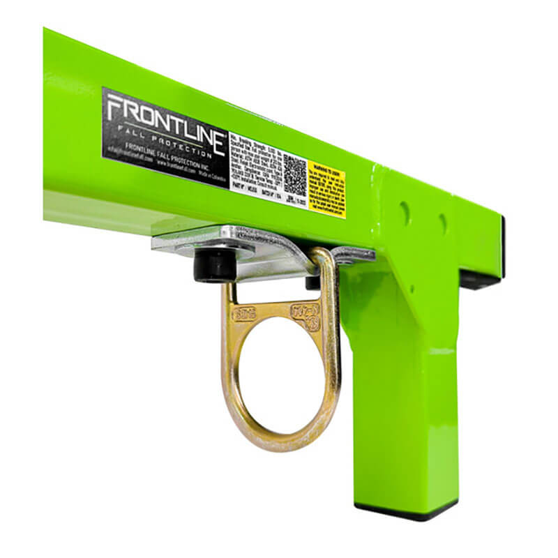 The Frontline Fall Production Window/Door Jamb 50" Non-Penetrating Anchor is a bright green, corrosion-resistant safety anchor with adjustable arms and a gold D-ring, designed for secure fall protection in construction or industrial settings.