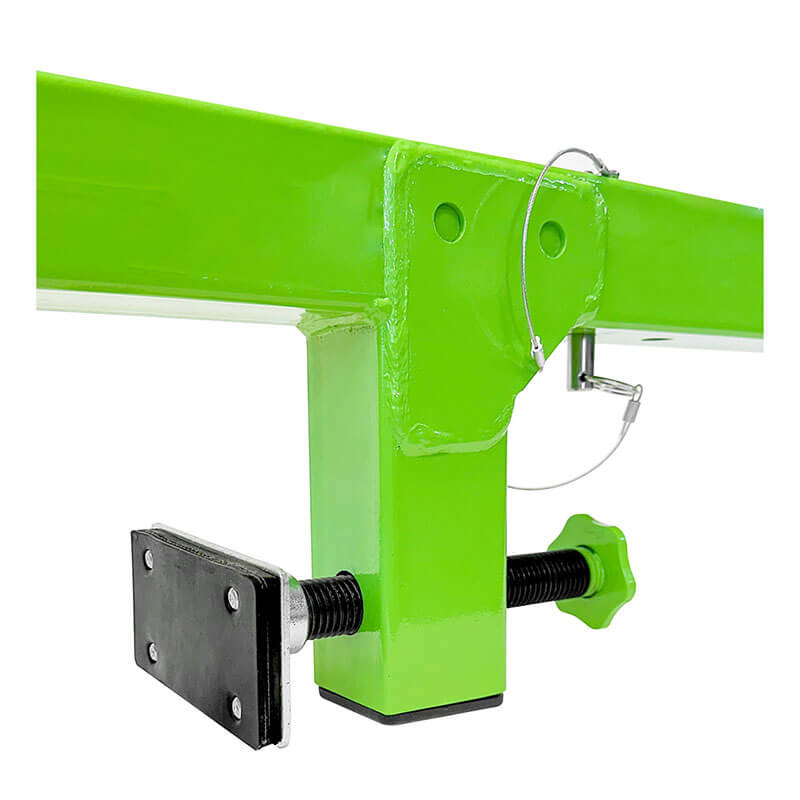 Close-up of the Frontline Window/Door Jamb 50" Non-Penetrating Anchor by Frontline Fall Production, featuring corrosion-resistant metal, screw handle, safety pin, and adjustable arms for secure attachment, shown against a white background.