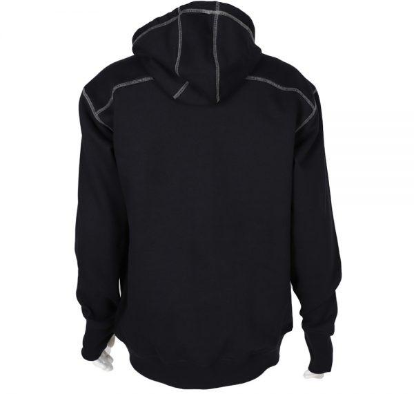 The back view of the ForgeFR Men's FR Polartec Hoodie showcases its design and structure with white stitching against a plain white background. This black hoodie complies with NFPA 2112-2018 standards.