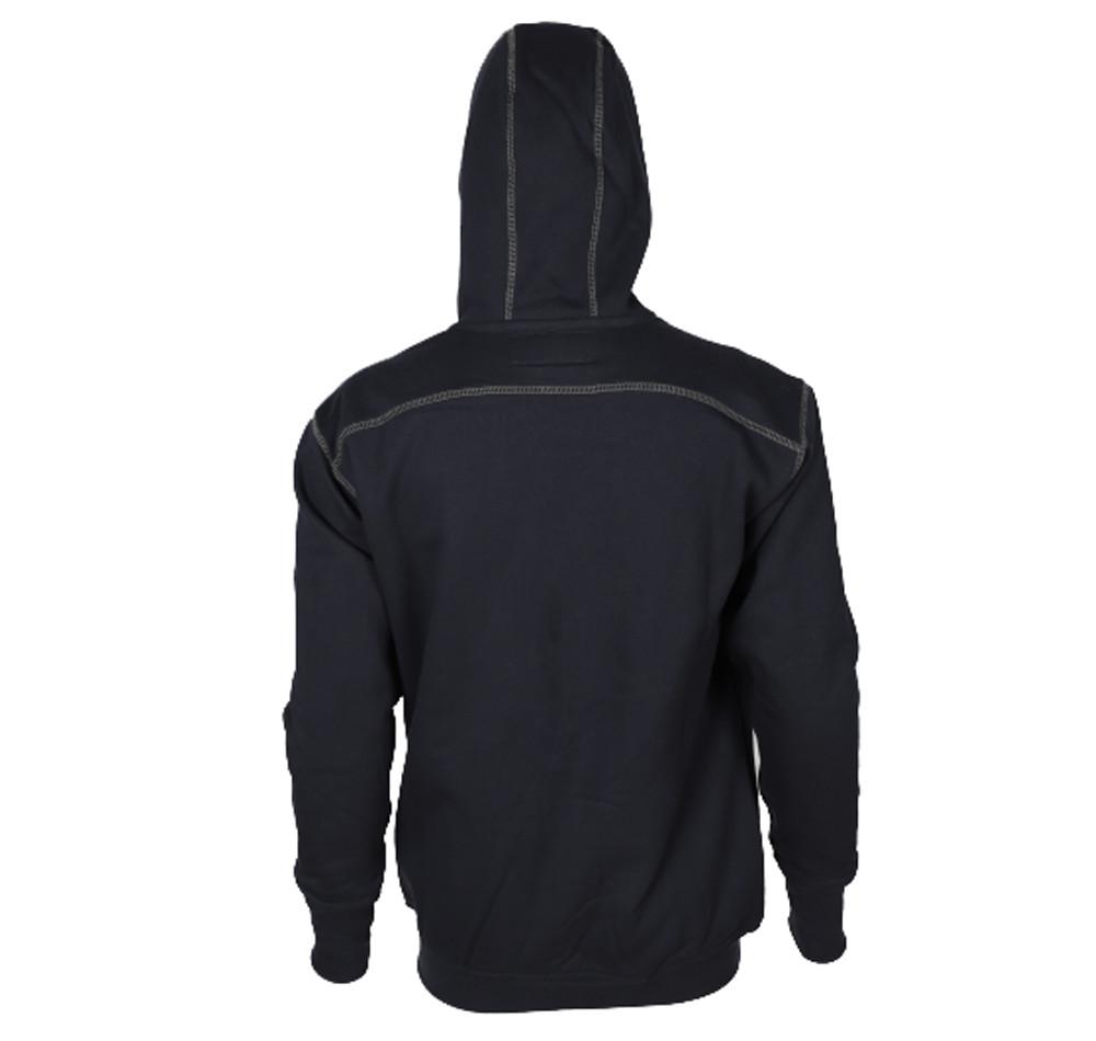 Back view of a ForgeFR Men's FR Polartec Hoodie in black, showcasing the hood up. This hoodie highlights contrasting white stitching around the shoulders, arms, and hood. With an ATPV rating of 21 cal/cm², this garment from ForgeFR combines safety with style while maintaining a sleek and practical design.