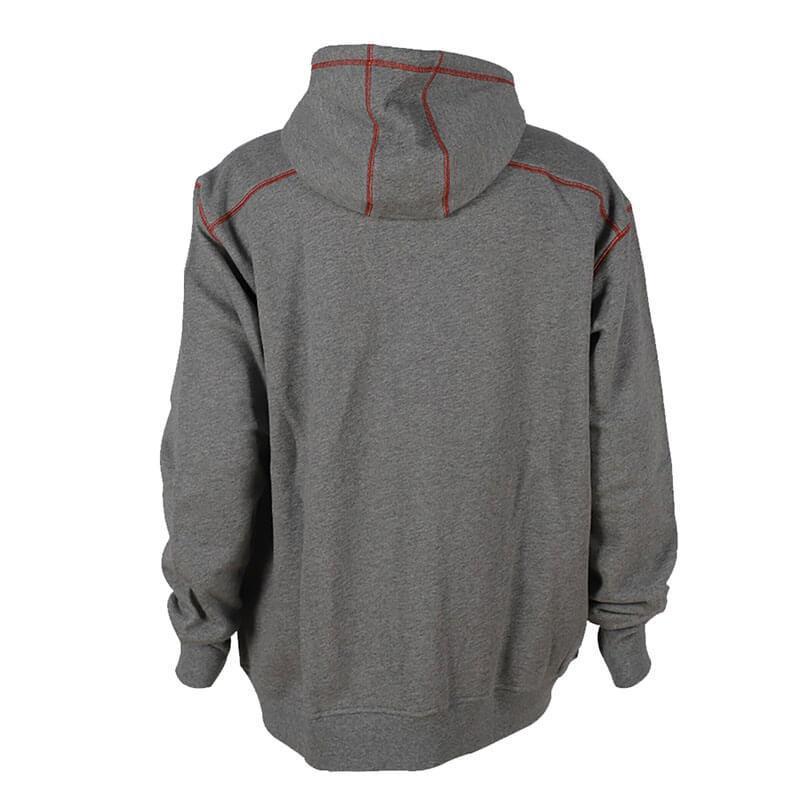 The ForgeFR Men's FR Polartec Hoodie, in gray with red stitching, is shown from the back and features long sleeves along with a relaxed fit.