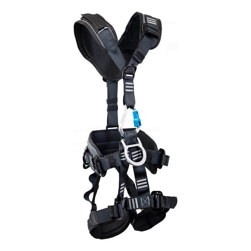 The French Creek Production Navigator w/Aluminum Waist D-Ring 22030BHAP-BLK offers padded shoulder and leg straps, adjustable buckles, and a metal D-ring with a blue carabiner—perfect for fall protection or climbing.