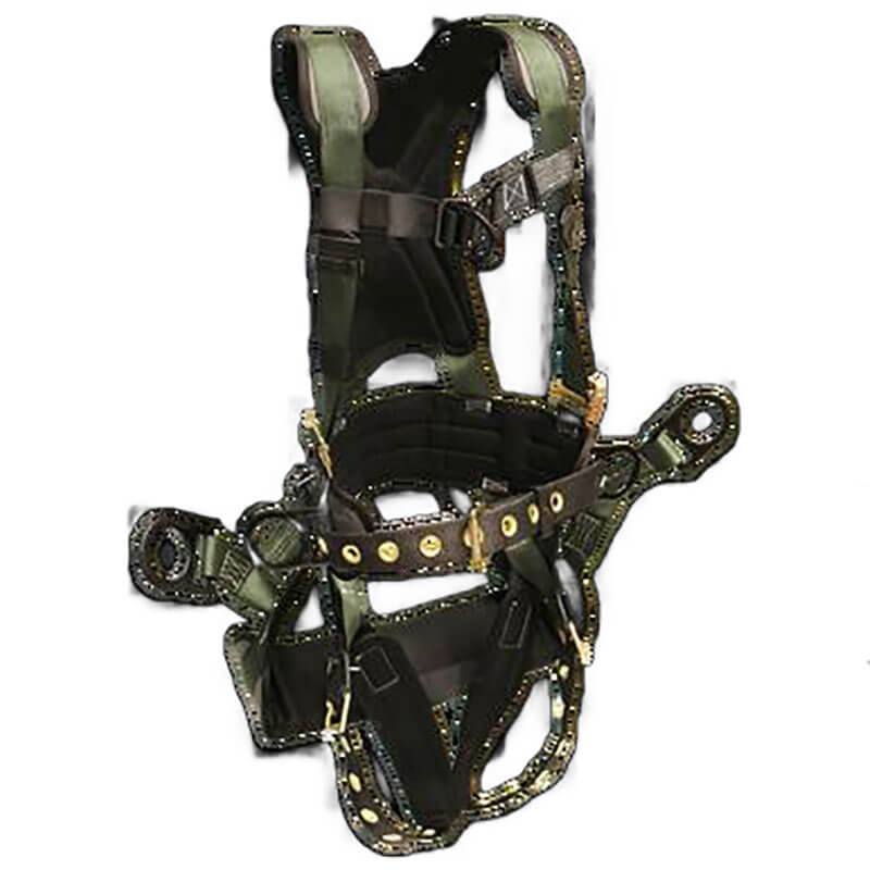 The French Creek Production Stratos Series Harness 22850BH-ALT is a black/green full-body harness with adjustable straps, metal rings, and buckles for fall protection and Strato-lite comfort in tough construction or industrial settings.