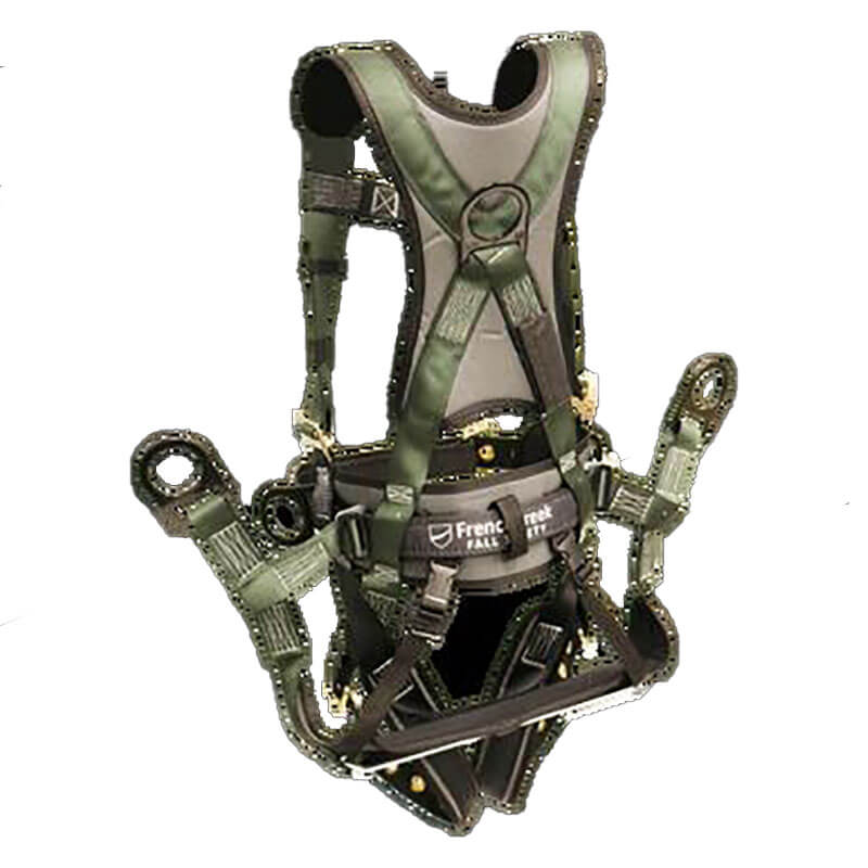The French Creek Production Stratos Series Harness 22850BH-ALT is a green and black full body harness with padding, adjustable straps, and metal rings for fall protection in construction or industrial work. Branding is visible on the waist belt.
