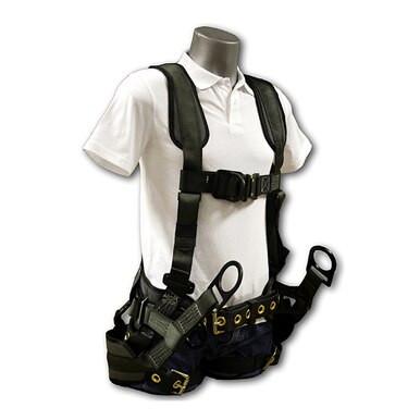 A mannequin showcases the French Creek Stratos Series Harness, a black utility harness by French Creek Production, featuring multiple straps, buckles, and loops. Designed for carrying tools or accessories, it includes Strato-lite padding for enhanced comfort and style. Underneath the harness is a white polo shirt.