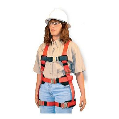 A person in a white hard hat, safety goggles, beige shirt, and blue jeans wears a red French Creek Full Body Harness for Women 872 with black buckles by French Creek Production, standing against a plain white background.