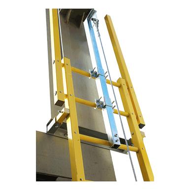 A close-up of the French Creek Vertical Flexible Cable Climbing System by French Creek Production shows bright yellow safety side rails, metal brackets, and a galvanized wire rope mounted to a building for enhanced safety.