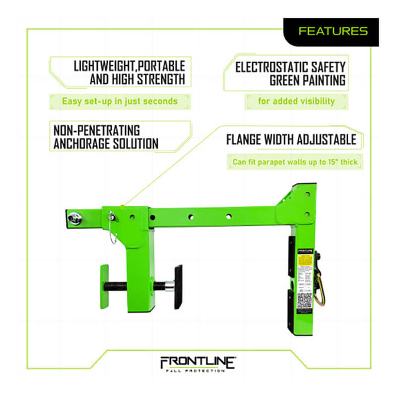 The Frontline Parapet Adjustable Non-Penetrating Roof Anchor by Frontline Fall Protection is lightweight, portable, and high-strength with electrostatic safety green paint, fitting parapet walls up to 15" thick.