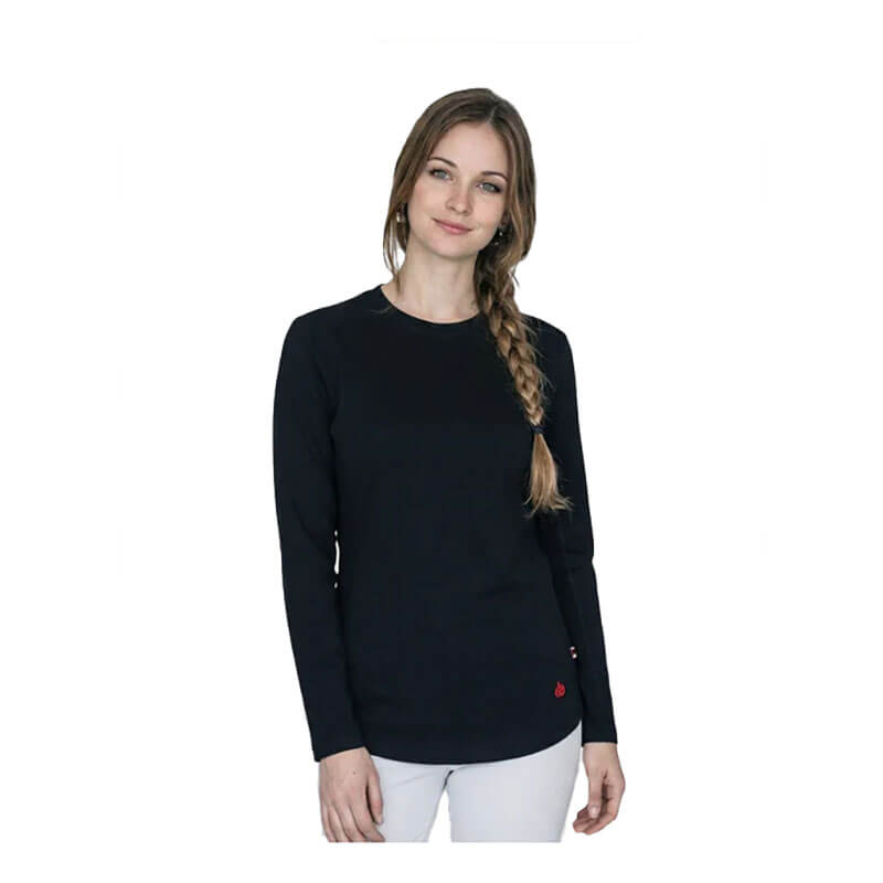 A woman with long, braided hair, dressed in a ForgeFR Forge FR Ladies Crew Neck Tee (LFRCNT-001) and white pants, stands smiling slightly against a plain white background.
