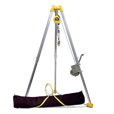 The French Creek Production CSE Rescue 7ft Tripod System features three silver legs, yellow components at the top and winch, a pulley and winch mechanism, and stands over a black carrying bag with yellow handles.