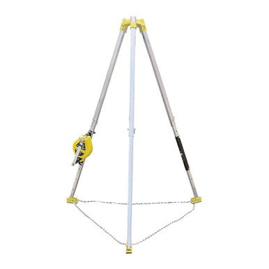 The French Creek Production 7' 631 Confined Space Rescue System is a silver and yellow tripod with a mounted winch and chain-linked legs, designed for confined space entry and rescue operations.
