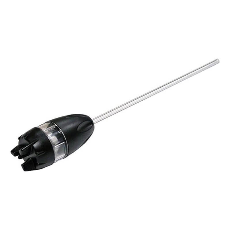 The BW Gasalert Series Sample Probe GA-PROB1-1 by BW Technologies features a black and transparent attachment with a long metal rod, similar to a sample probe. Its round plastic base has multiple protrusions for efficient mixing or blending in containers.