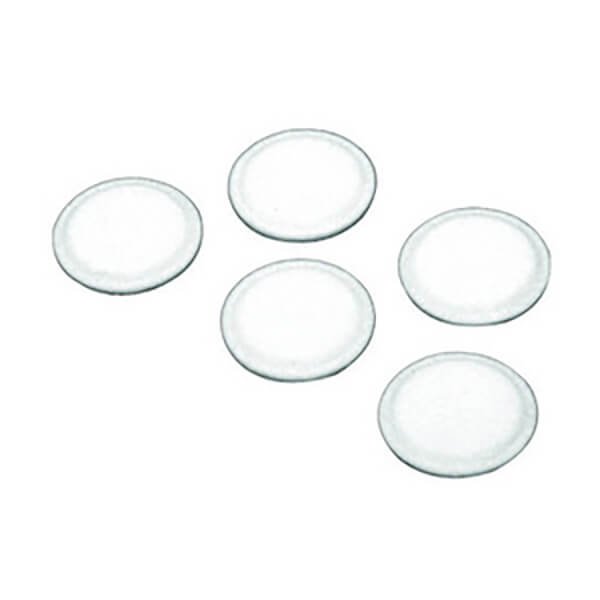 A set of five transparent, circular BW Honeywell Splash Guard Filters from PK Safety Supply is artfully arranged in a scattered pattern against a white background, combining practical utility with an elegant aesthetic.