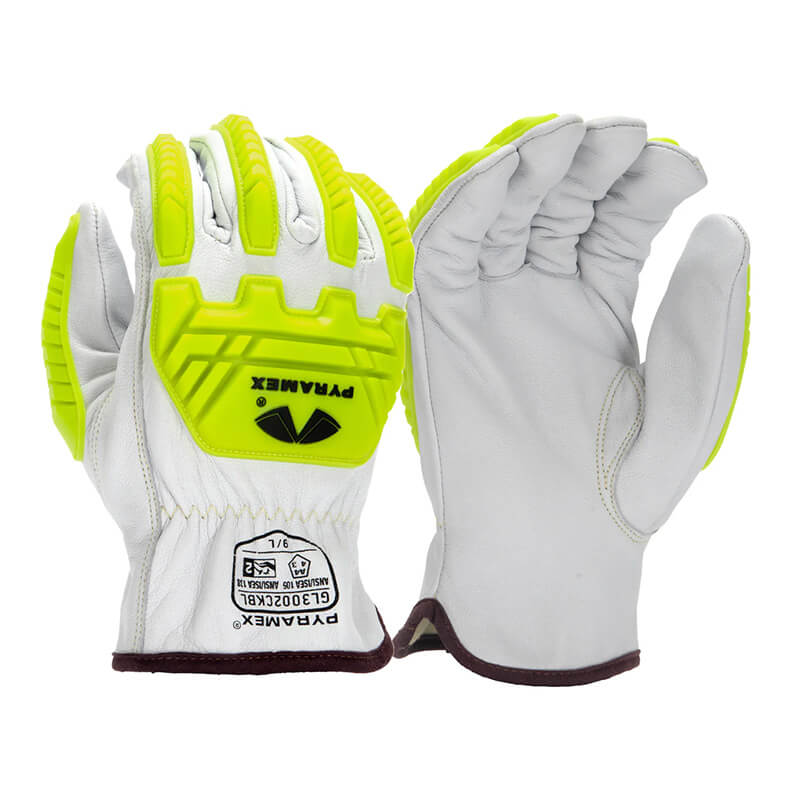 The Pyramex Premium Goatskin Driver Para-Aramid A4 Impact GL3002CKB safety work gloves by Pyramex Safety feature white and neon yellow coloring with reinforced knuckles and Level 2 impact protection for enhanced durability. The smooth finish of the Premium Goatskin Leather Driver palm pairs seamlessly with the maroon-trimmed wrist, making these gloves ideal for tough environments.