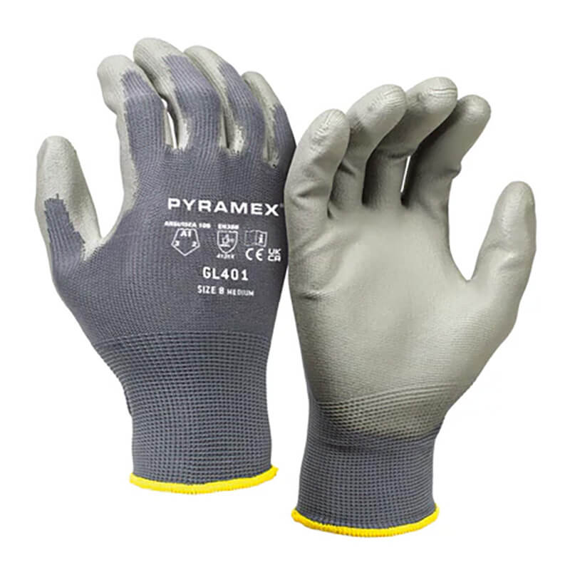 The Pyramex POLY-TORQ Gloves GL401, offered by Pyramex Safety, come in a pack of 12 pairs. These gray work gloves provide exceptional gripping power and feature a textured grip. They have black text on the back and yellow trim at the cuffs. Labeled "Pyramex Poly-Torq 401 M/8," they are designed for durability with tear and abrasion resistance.