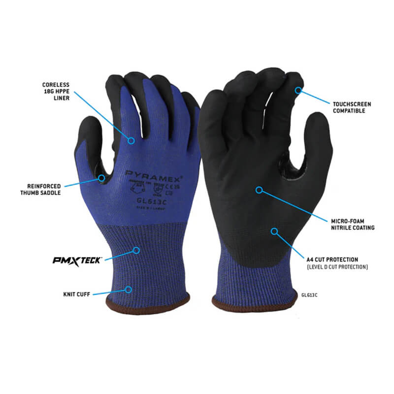 The Pyramex GL613C Series Nitrile Gloves by Pyramex Safety feature blue/black coloring, a cut-resistant liner, reinforced thumb saddle, knit cuff, touchscreen capability, and a micro-foam nitrile coating. Sold in packs of 12 pairs.