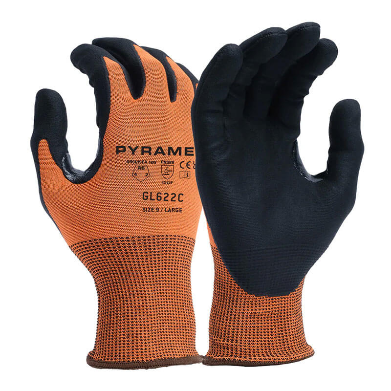 A pair of Pyramex Micro-Foam Nitrile A6 Gloves in orange and black, designed by Pyramex Safety. The back features text, and the palm side offers enhanced grip for practicality and performance. Model number: GL622C.