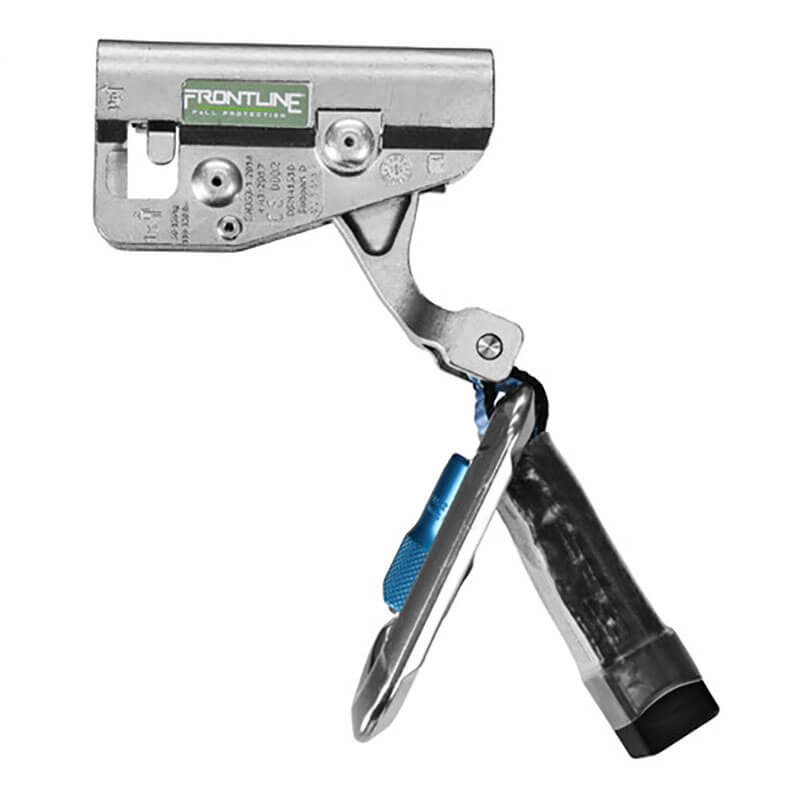 The Frontline Vertical Ladder Lifeline System Cable Glider GLC38 by Frontline Fall Protection is a silver metallic rope grab with a blue and silver locking carabiner, designed for vertical ladder lifeline systems.