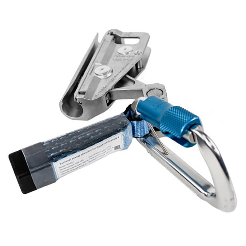 The Frontline Fall Protection Vertical Ladder Lifeline System Cable Glider GLC38 is a blue and silver fall arrest device with a locking carabiner and metal rope grab, designed for safe climbing on vertical ladder systems.