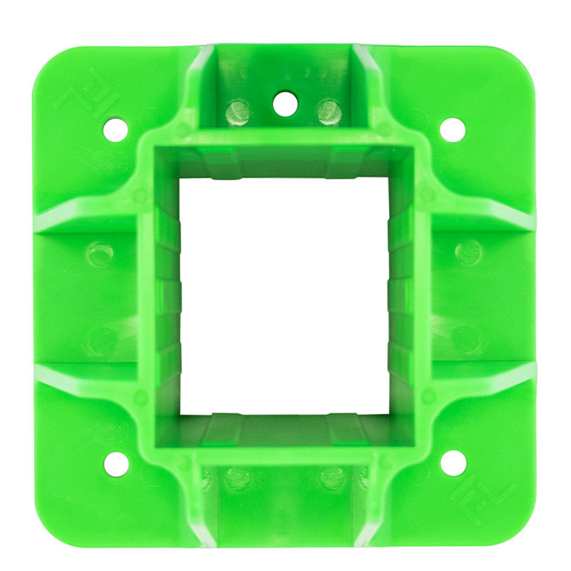 The Frontline Fall Protection Guardrail Boot Base w/Hardware GPB200 is a bright green, square plastic base with a hollow center and four corner screw holes for perimeter protection, shown from above on a white background.