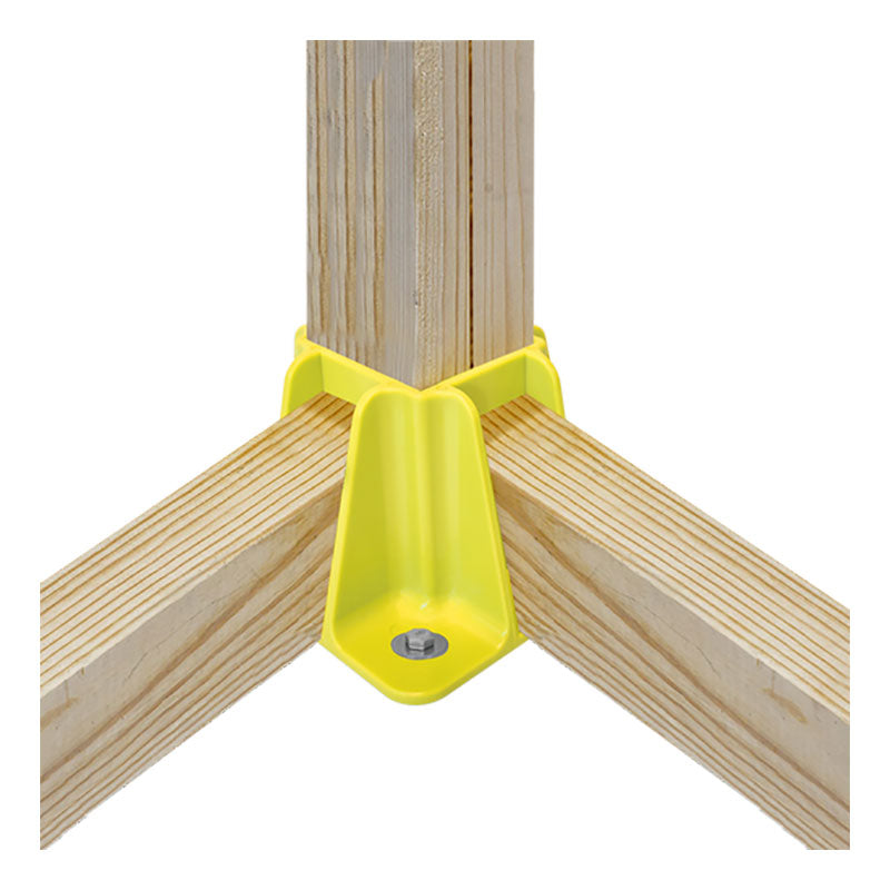 The Frontline Safety Guardrail Boot Base w/Hardware GPB200 from Frontline Fall Protection securely joins three light wood posts at right angles with a metal bolt, providing sturdy perimeter protection.