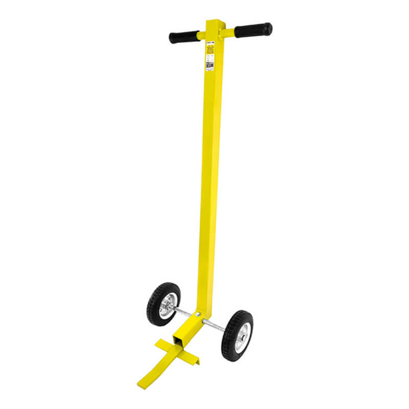 The Frontline Guardrail Base Lifting Dolly GUBDO by Frontline Fall Protection is a yellow, ergonomic wheeled tool with a long handle and black grips—perfect for easily lifting and moving heavy guardrail bases.