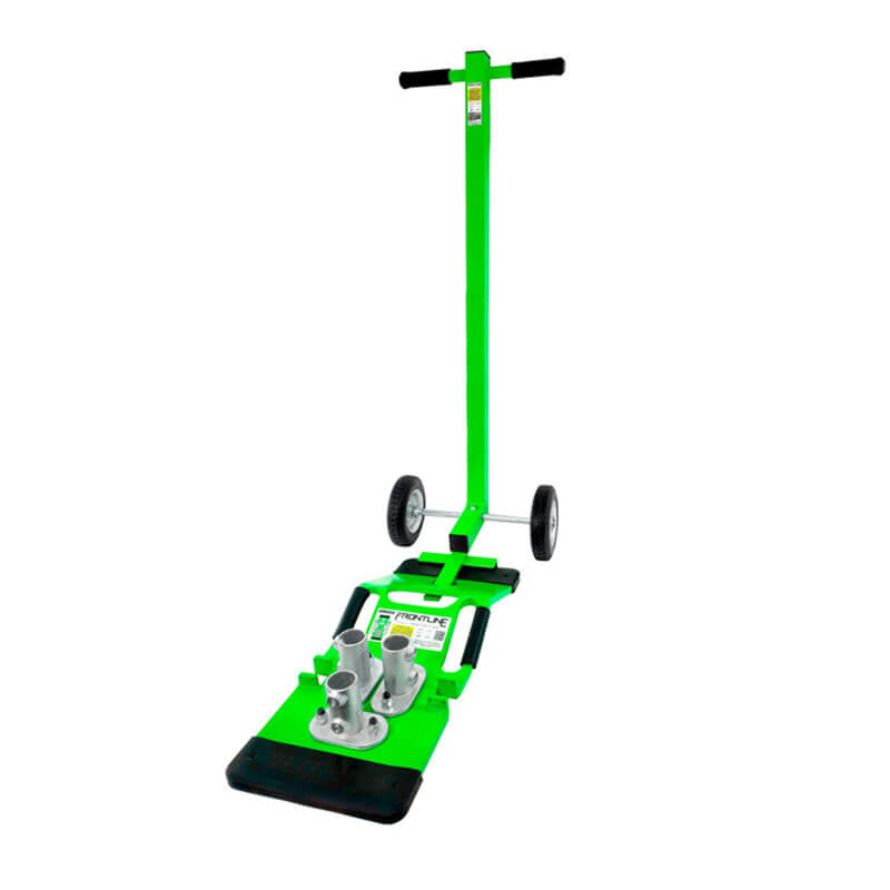 The Frontline Guardrail Base Lifting Dolly GUBDO by Frontline Fall Protection features a bright green ergonomic design with two wheels, a long push handle, and a flat black blade at the front for lifting floor tiles.